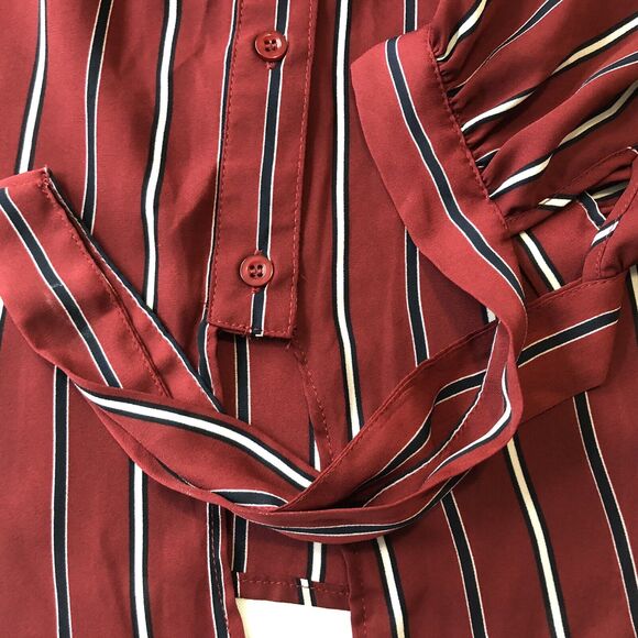 Haute Monde Button Up Blouse Women 2XL Maroon Stripe Semi Sheer Tie Waist & Cuff - Picture 4 of 12